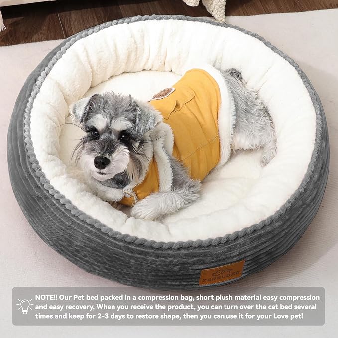 Zerbuger 23in Dark Grey Round Dog Bed Sofa for Dogs Cats, Machine Washable | for Small/Medium/Large Dogs Cats, Foam Pet Couch with Removable Mat Non-Slip Bottom, Pet Cuddler for Indoor/Outdoor/Car/Cage