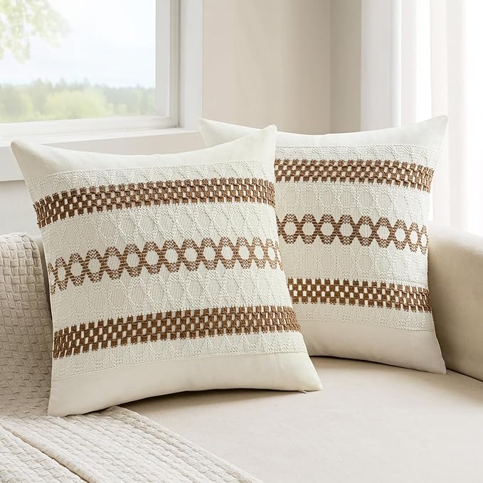 MIULEE Set of 2 Coco Brown Boho Decorative Pillow Covers 20x20 Inch | Farmhouse Couch Throw Pillows, Modern Spring Cotton Cushion Covers, Macrame Woven Home Decor for Bed Sofa Chair