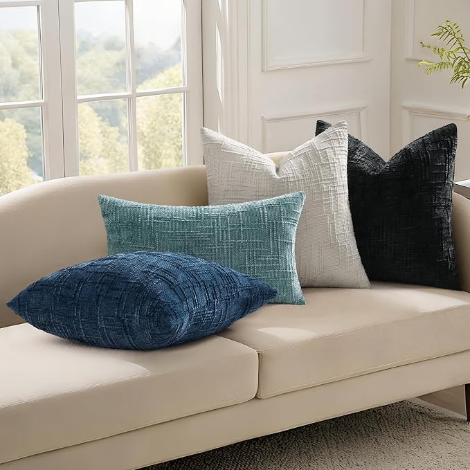 decorUhome Textured Chenille Throw Pillow Covers 20x20 Set of 2 Black | Fall Modern Farmhouse Soft Cozy Slubby Couch Pillow Cases Boho Decorative Pillow Cases for Bed Sofa Living Room Home Decor