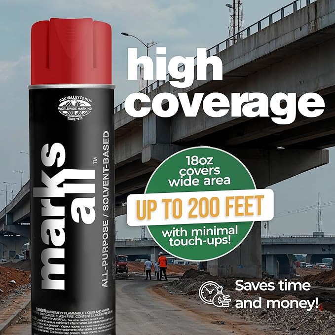 Fox Valley 18oz Marks All Solvent-Based Marking Paint Spray, 12-Pack Red APWA – Long-Lasting, Weather-Resistant Spray Paint for Wet or Dry Surfaces Like Metal, Grass, Concrete, Wood, & More