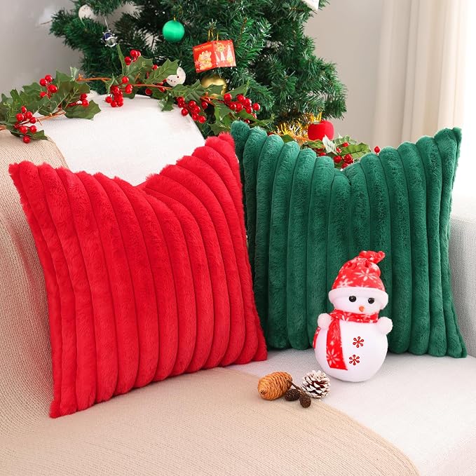 Pallene Faux Fur Throw Pillow Covers 12x20 Set of 2, Christmas Green | Luxury Plush Texture, Striped Design, Cozy Soft Touch, Modern Home Accent Decor for Couch, Sofa, Bed, Living Room