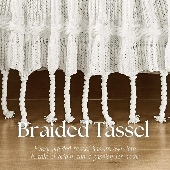 Boho Knitted Chenille Blanket with Tassels - Lightweight & Soft All-Season Throw - 3D Classic Pattern for Living Room Bedroom Couch, Cloud White, Throw 50"x60"
