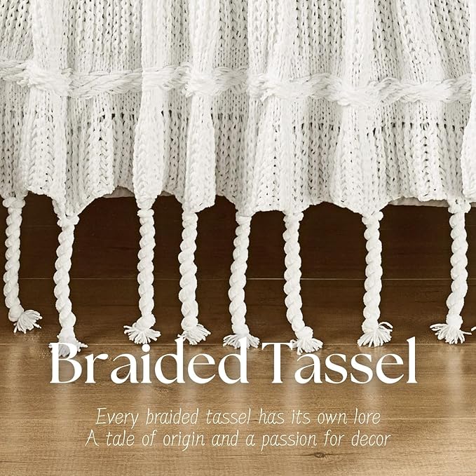 Boho Knitted Chenille Blanket with Tassels - Lightweight & Soft All-Season Throw - 3D Classic Pattern for Living Room Bedroom Couch, Cloud White, Queen 90"x90"