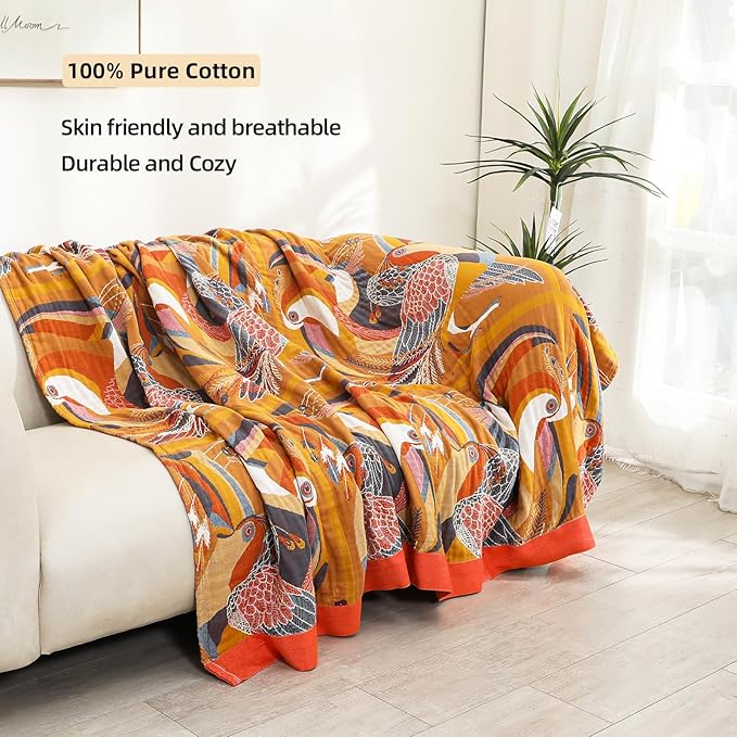 VANJOROY Boho Large Throw Blanket, 100% Organic Cotton Breathable Soft Bed Throw - Floral Bird Farmhouse Decor Blanket for Sofa Couch Chair Quilt and Gift. 60" x 80"- Colorful