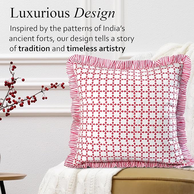 CPC Magenta Pink Hand Block Print 100% Cotton Ruffle Throw Pillow Cover 24x24 inch with Hidden Zipper Decorative for Couch, Bed, Sofa, Farmhouse, Cottagecore Decor Gift Christmas Fall Thanksgiving