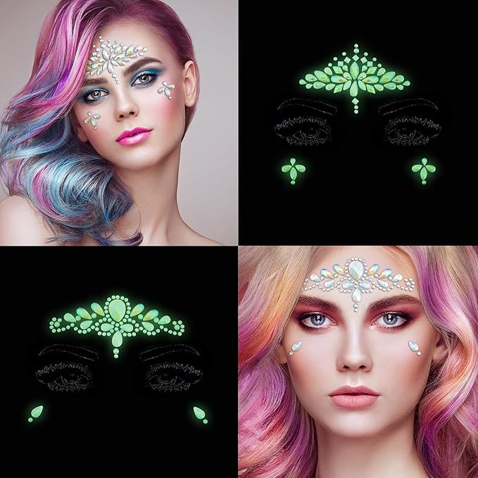 SAOROPEB Face Gems - 6 Sets Mermaid Face Jewels Temporary Tattoo Stickers Acrylic Crystal Glitter Stickers Waterproof Eye Gems Stick On Rainbow Tears Rhinestone for Party, Rave Festival