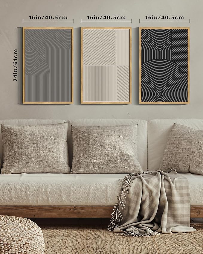 Drsoum Mid-Century Modern Framed Wall Art Large 16x24in Minimalist Abstract Boho Neutral Line Wall Decor Geometric Artwork Kitchen Dining Room Natural Framed
