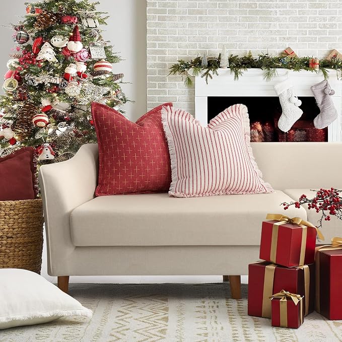 Christmas Pillow Covers 26x26 Set of 2 Soft Polyester Textured Red Pillows with Stylish Flange Edge Cozy Farmhouse Christmas Decor for Couch Bed Sofa Living Room (Red)