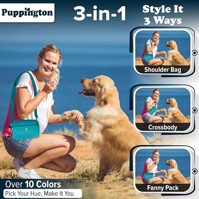 Puppington 3-in-1 Crossbody Bag & Dog Treat Pouch for Pet Training - Matching Compostable Poop Bags, Built-In Poop Bag Dispenser & Slow-Feeding Travel Dog Bowl - Dog Walking Bag (Lagoon Teal)