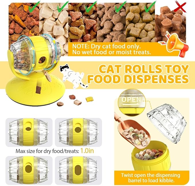 Interactive Cat Treats Dispenser Toy, Puzzle Feeder Food Dispenser, Kitty Interactive Enrichment Toys, Dispensing Foods Slow Feeder National Pet Day Gifts for Cats IQ Training, Yellow