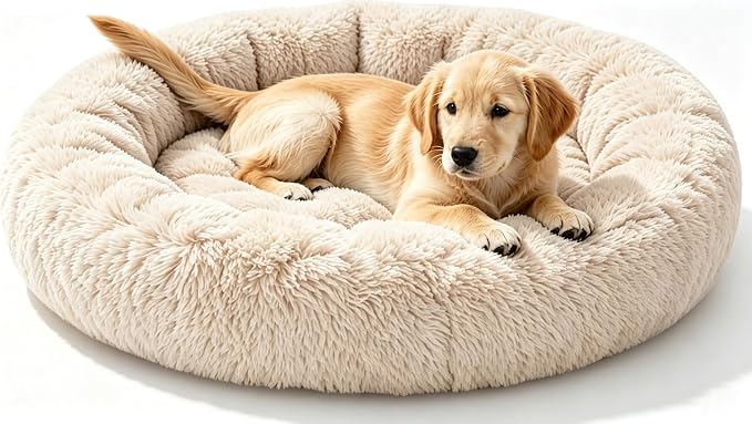 Calming Extra Large Donut Dog Bed, Anti-Anxiety Round Soft Fluffy Plush Faux Fur Washable Anti-Slip Pet Bed for Medium Dogs Up to 45 lbs 32in Light-Brown