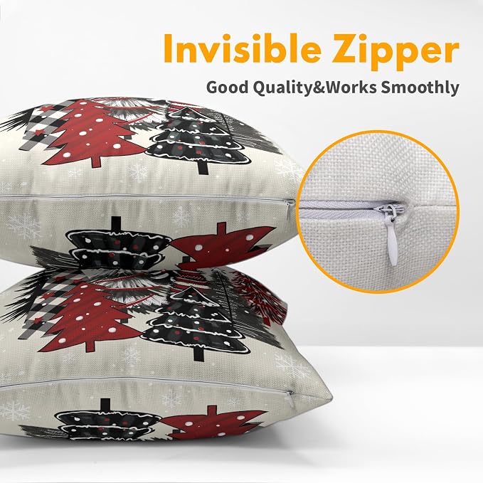 Kawani Christmas Tree Throw Pillow Covers 16x16 Inches - 2 PCS Black Red Buffalo Plaid Xmas Trees Cotton Linen Square Pillowcase Cushion Covers for Couch Sofa Bed Bedroom Car Living Room