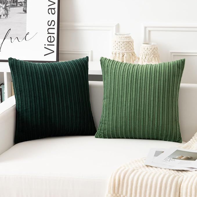 UGASA Velvet 16x16 Inch Soft Throw Pillow Covers Decorative Corduroy Striped Both Sides Solid Square Cushion Cases Boho Farmhouse for Couch Bedroom Sofa Home, Pack of 2, Moss Green