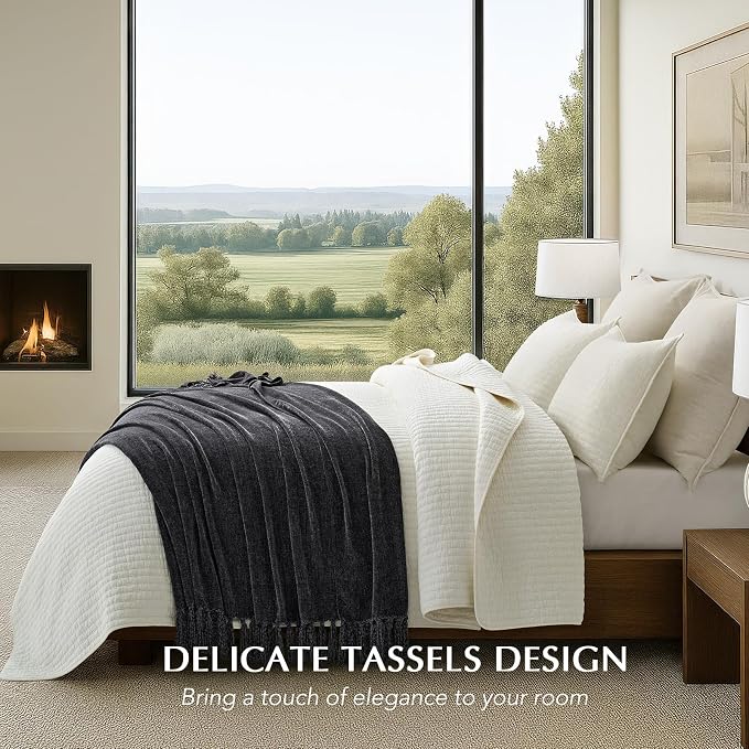 Chenille Knit Throw Blanket for Couch, 50"x60", Iron Black | Cozy Plush Fuzzy Knittd Throw with Tassels, Lightweight, Decorative, Farmhouse Decor, Ideal for Bed Sofa Gift, All Seasons
