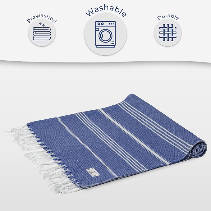 Ossano Turkish Beach Towel Compact & Luxury Extra Large (39" x 71") - Quick Dry, Versatile and Functional as Yoga Mat, Airplane and Travel Blanket, Bath and Body Towels - Sax Blue