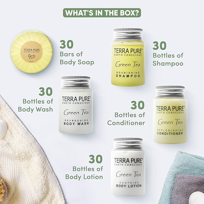 Terra Pure Hotel Soaps & Toiletries Bulk Set | 1-Shoppe Amenities Kit | 1oz Shampoo & Conditioner, Body Wash, Lotion, 1.25oz Bar Soap | Travel Size | 150 Pieces