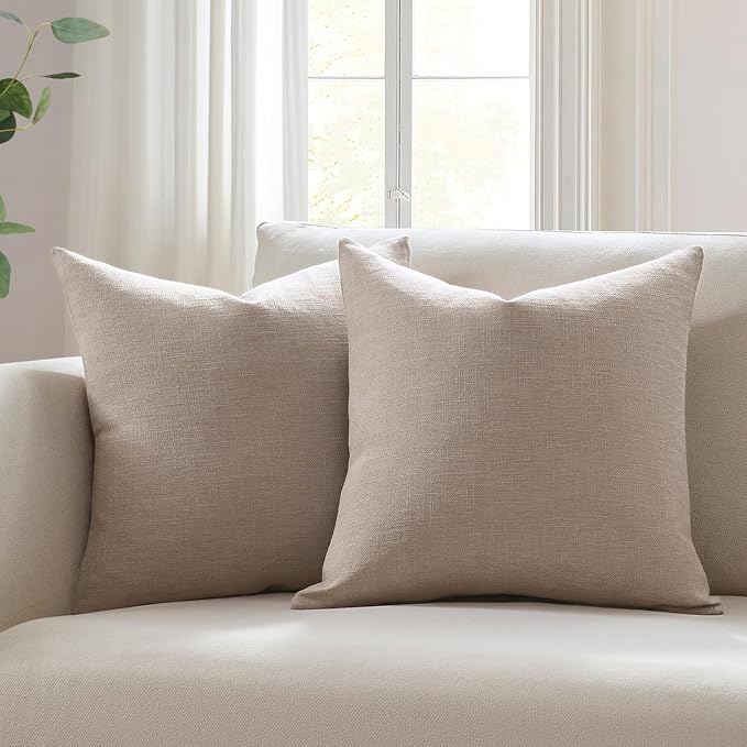 Meekio Set of 2 Light Taupe Throw Pillow Covers 18x18, Modern Farmhouse Linen Blend Decorative Pillow Covers for Couch Sofa Bed, Neutral Home Decor