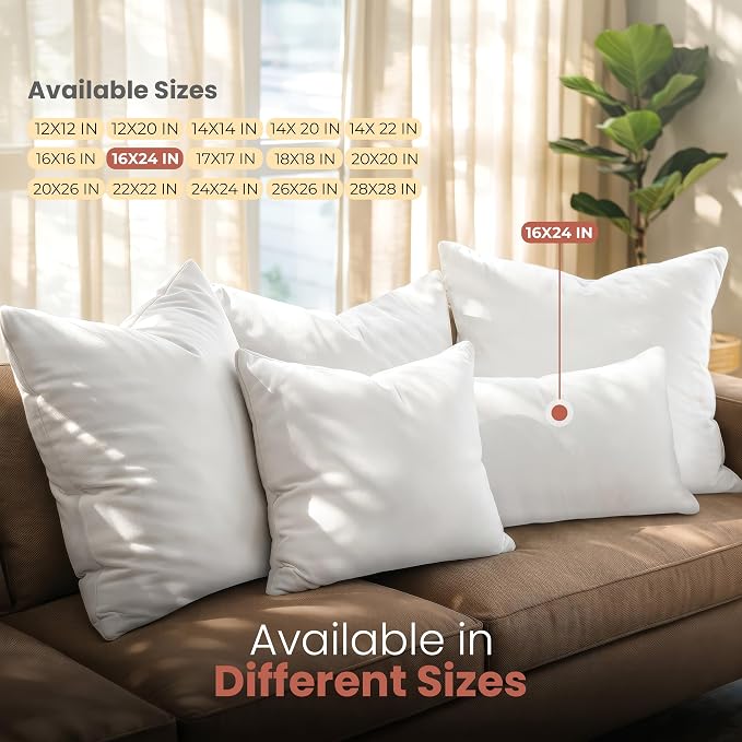 Utopia Bedding 16x24 Pillow Inserts, White Throw Pillows for Couch, 2 Pack | Indoor cushion inserts for bed, sofa & couch, Supportive & fluffy decorative pillows for everyday comfort, Set of 2, White