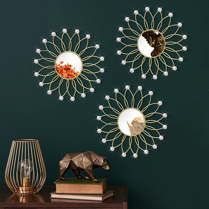 3 Pack Metal Mirrors for Wall Sunburst Wall Mirrors Home Décor Decorative Hanging Wall Art for Living Room Bedroom Entryway (Gold2 Crystal, Flowers)