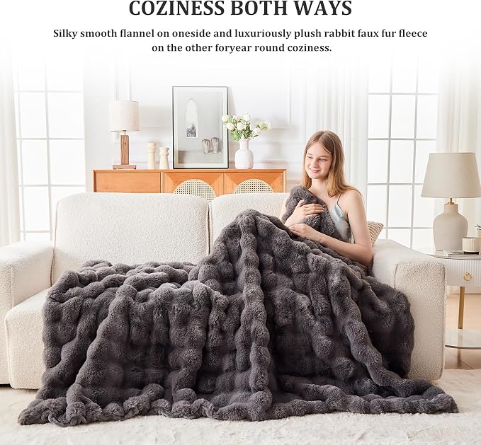 Faux Fur Twin Blanket for Couch, 1000 GSM Cozy Fuzzy Fluffy Soft Plush Thick Bubble Sherpa Blanket for Sofa Bedroom Living Room, Mothers Day Birthday Gifts for Women Home Decor