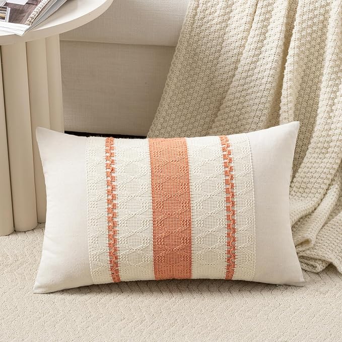 Fancy Homi Set of 1 Boho Coral Long Lumbar Decorative Throw Pillow Cover 14x24 Inch for Couch Bed Sofa Chair, Modern Organic Farmhouse Home Decor, Soft Cotton Cute Accent Rectangle Cushion Case