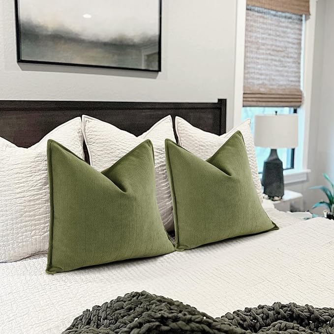 Olive Green Pillow Covers 22x22 Set of 2 Chenille Throw Pillow Covers with Elegant Design Soft and Luxurious Decorative Throw Pillows for Couch, Bed, and Home Decor