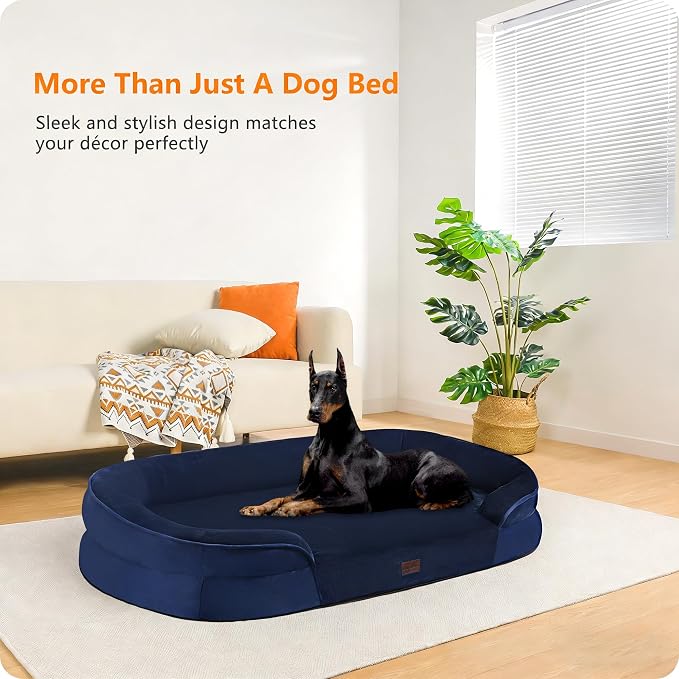 Dwanton Orthopedic Waterproof XX-Large Dog Bed Sofa, Gel Memory Foam, 48" | Egg-Crate Foam Dog Sofa, Washable Pet Bed with Four Sided Bolster Cushion, Removable Cover & Non-Slip Bottom, Navy Blue