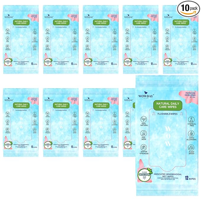 Flushable Hemorrhoid Wipes | Medicated Witch Hazel Wipes Ph Balanced | 120 Count Natural Fragrance Free Adult Hemorrhoids Witch Hazel Wipe for Butt Itch