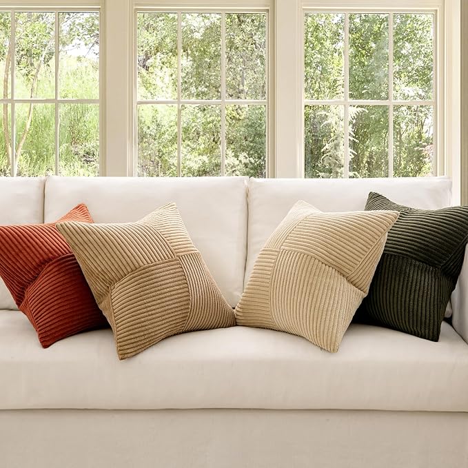 MIULEE Rust-Olive Green Decorative Throw Pillow Covers 16x16 Inch Set of 4 Boho Color-Clash Cushion Cases Farmhouse Pillow Cases Corduroy Striped Home Decor for Couch Sofa Living Room Bed