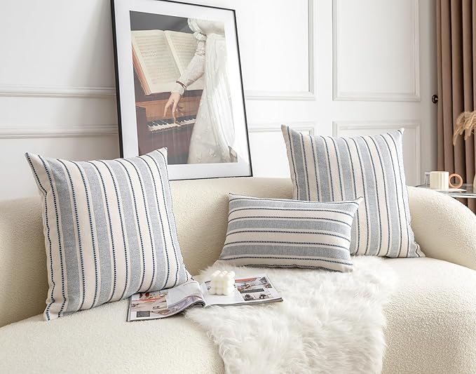 Cethom Decorative Boho Throw Pillow Covers, Farmhouse Textured Pillow Case, 22 x 22 Inch Set of 2, Chair Sofa Bedroom Living Room Home Decor Couch Cushion Case, Classic Blue and Beige Striped