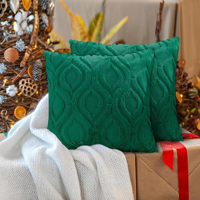 decorUhome Faux Fur Plush Soft Green Throw Pillow Covers 12x20 Set of 2 | Plush Solid Fall Couch Pillow Covers, Accent Modern Farmhouse Neutral Decorative Square Pillow Cases for Sofa Bed Living Room