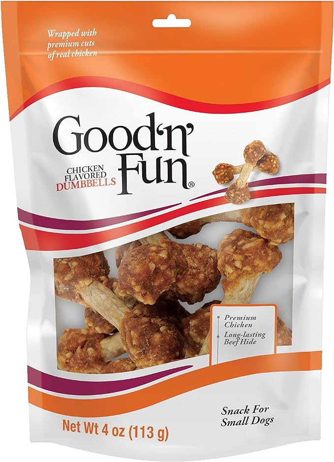 Good 'n' Fun Dumbbells Long-Lasting Dog Treat for Small Dogs, 4 oz | Made with Real Protein, Premium Chicken and Beef Hide Chew, Supports Dental Health, Mental Stimulation, For Adult Dogs