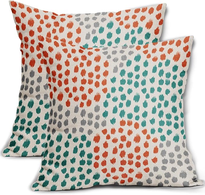 Teal Orange Pillow Covers 16x16 Set of 2 Grey Fall Colored Art Dot Decorative Throw Pillows Trendy Print Outdoor Pillowcase Holiday Seasonal Cushion Cover Linen Pillow Case Decor for Sofa Couch Bed