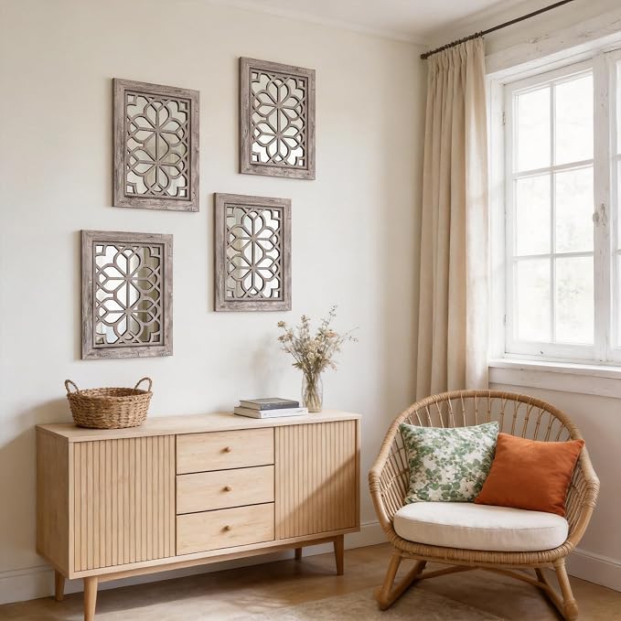 Set of 2 13x17 Inch Rectangular Shatterproof Decorative Wall Mirrors, Boho Farmhouse Rustic Vintage Grey Accent Mirrors for Living Room, Bedroom, Entryway & Home Wall Decor（Brown）