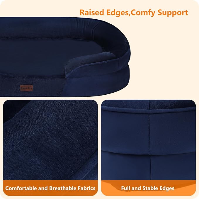 Dwanton Orthopedic Waterproof X-Large Dog Bed Sofa, Gel Memory Foam, 45" | Egg-Crate Foam Dog Sofa, Washable Pet Bed with Four Sided Bolster Cushion, Removable Cover & Non-Slip Bottom, Navy Blue