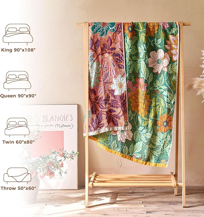 LUTBM Boho Throw Blanket for Bed 60"x80", All Season Cotton Couch Blankets | Green Reversible Floral Jacquard, Muslin Twin Quilt, For Chair Sofa Living Room Decor, Lightweight & Breathable 4-Layer Gauze