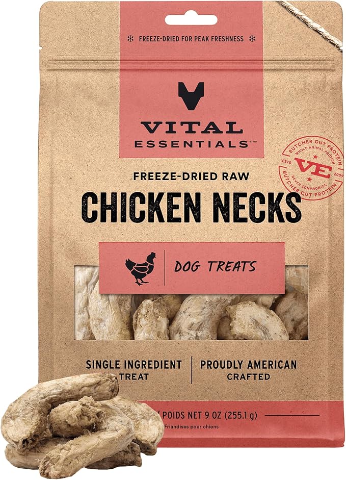 Vital Essentials Freeze-Dried Raw Chicken Necks Dog Treats, 9 oz Bag | Single Ingredient, Premium Quality Protein, Grain Free, USA Made with U.S. & Globally Sourced Ingredients