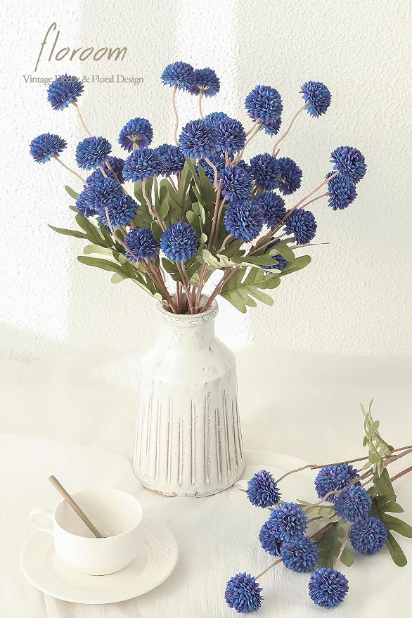 5pcs Royal Blue Faux Silk Mums Artificial Flowers, Bulk Fake Small Mini Chrysanthemums with Stems for DIY Wedding Centerpieces Floral Arrangements Vase Fillers Home Decorations