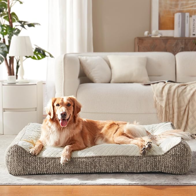 JOEJOY XL Orthopedic Dog Bed for Large Dogs - Extra Thick Foam Pet Bed Sofa with Bolster Sides, Large Sized Dog Couch Bed with Removable Washable Cover, Non-Slip Bottom, Beige (45"x32")