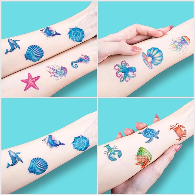 96 PCS Ocean Sea Animal Shark Whale Fish Pre-Cut Temporary Tattoos for Kids | Super Cute Themed Birthday Party Favors, Supplies, Decorations, Fake Tattoo Stickers (Multiple)