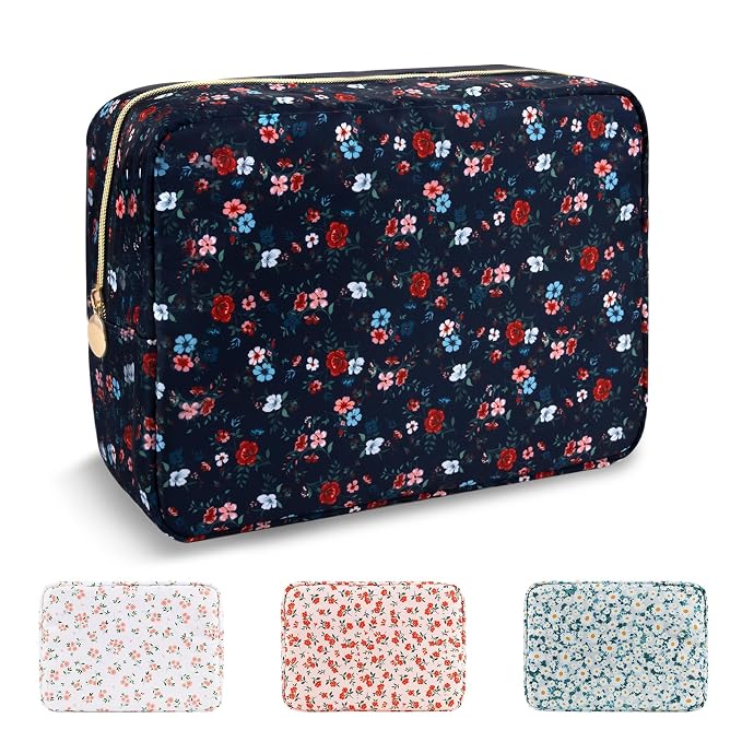 UIXIZQ Waterproof Large Floral Makeup Pouch,Nylon Travel Toiletry Storage Purse Preppy Cosmetic Bag for Women Girl,Large Capacity Makeup Organizer Zipper Pouch for Work(L Black-Flowers)