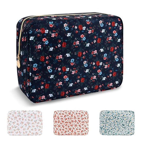 UIXIZQ Waterproof Large Floral Makeup Pouch,Nylon Travel Toiletry Storage Purse Preppy Cosmetic Bag for Women Girl,Large Capacity Makeup Organizer Zipper Pouch for Work(L Black-Flowers)