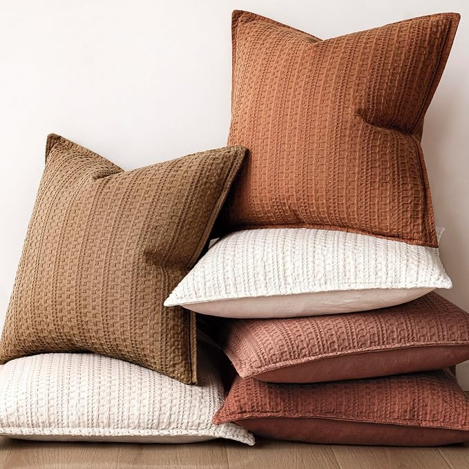 Foindtower Set of 2 Decorative Cotton Waffle Weave Throw Pillow Covers Euro Shams Cushion Covers Accent European Pillowcase for Bed Couch Sofa Bedroom Living Room Home Decor 18×18 Inch Orange Brown