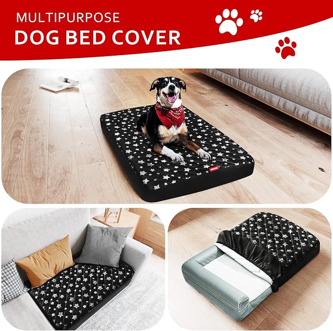 Waterproof Dog Bed Covers Replacement Lovely Black Star Print, 20x30 Inches | Washable Pet Hair Easy to Remove, Noiseless Quilted Puppy Pet Bed Cover , for Dog/Cat, Cover Only