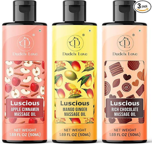 Dude's Love Luscious Flavored Massage Oil Set - Pack of 3 - Organic - Chocolate, Apple Cinnamon, Mango Ginger - Non-Sticky, Nourishing & Moisturizing - Aromatherapy Vegan Oil - 1.69 FL OZ x3
