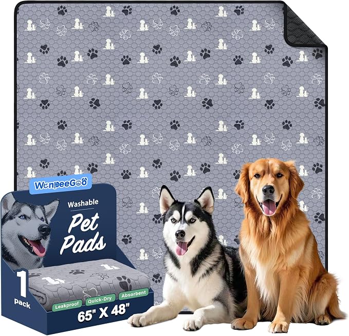 WanpeeGoo Washable Pee Pads for Dogs, Waterproof, 65 x 48 in, 1 Pack, Gray | Super Absorbent, Waterproof and Non-Slip; Washable, Reusable Dog Pads for Crates, Playpens, Floors, Furniture and Travel