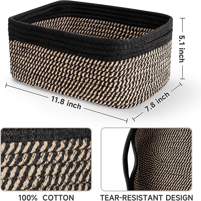 3 Pack Small Storage Baskets for Organizing, 11.8×7.8×5.1", Black Brown | Woven Baskets for shelves, Cotton Rope Basket for Gifts Empty, Closet Organizer Bins with Handles, Cube Decorative Box