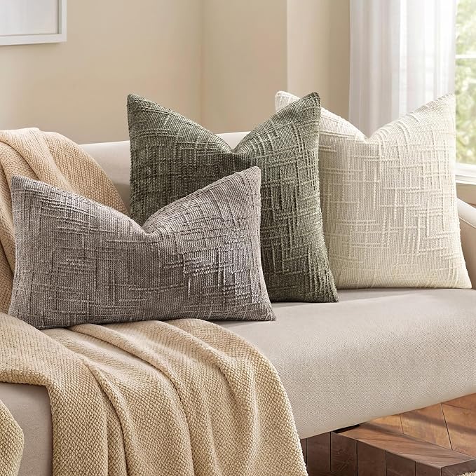 decorUhome Textured Chenille Throw Pillow Covers 26x26 Set of 2 Light Cream | Fall Modern Farmhouse Soft Cozy Slubby Couch Pillow Cases Boho Decorative Pillow Cases for Bed Sofa Living Room Home Decor