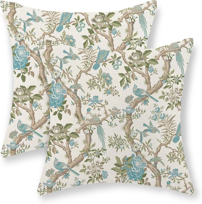 Teal Green Floral Bird Pillow Covers 18x18 Inch Set of 2 Chinoiserie Throw Pillows Vintage Flowers Bird Decorative Pillow Cases Outdoor Chinoiserie Decor Farmhouse Cushion Case for Couch Sofa