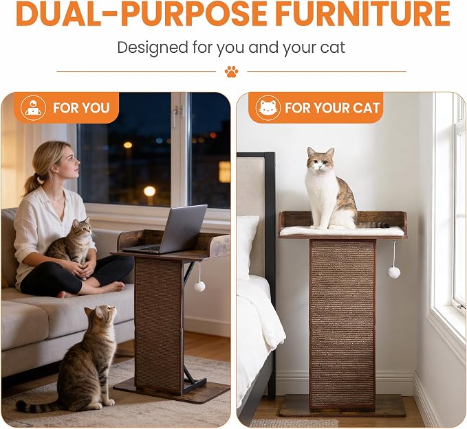 Modern Wood Cat Tree Tower for Indoor Large Adult Cats with Big Perch Bed | 33.8in Tall Wooden Cat Trees with Platform, Cat Scratching Pads, Washable Cushions, Cat Furniture for Window, Rustic Brown